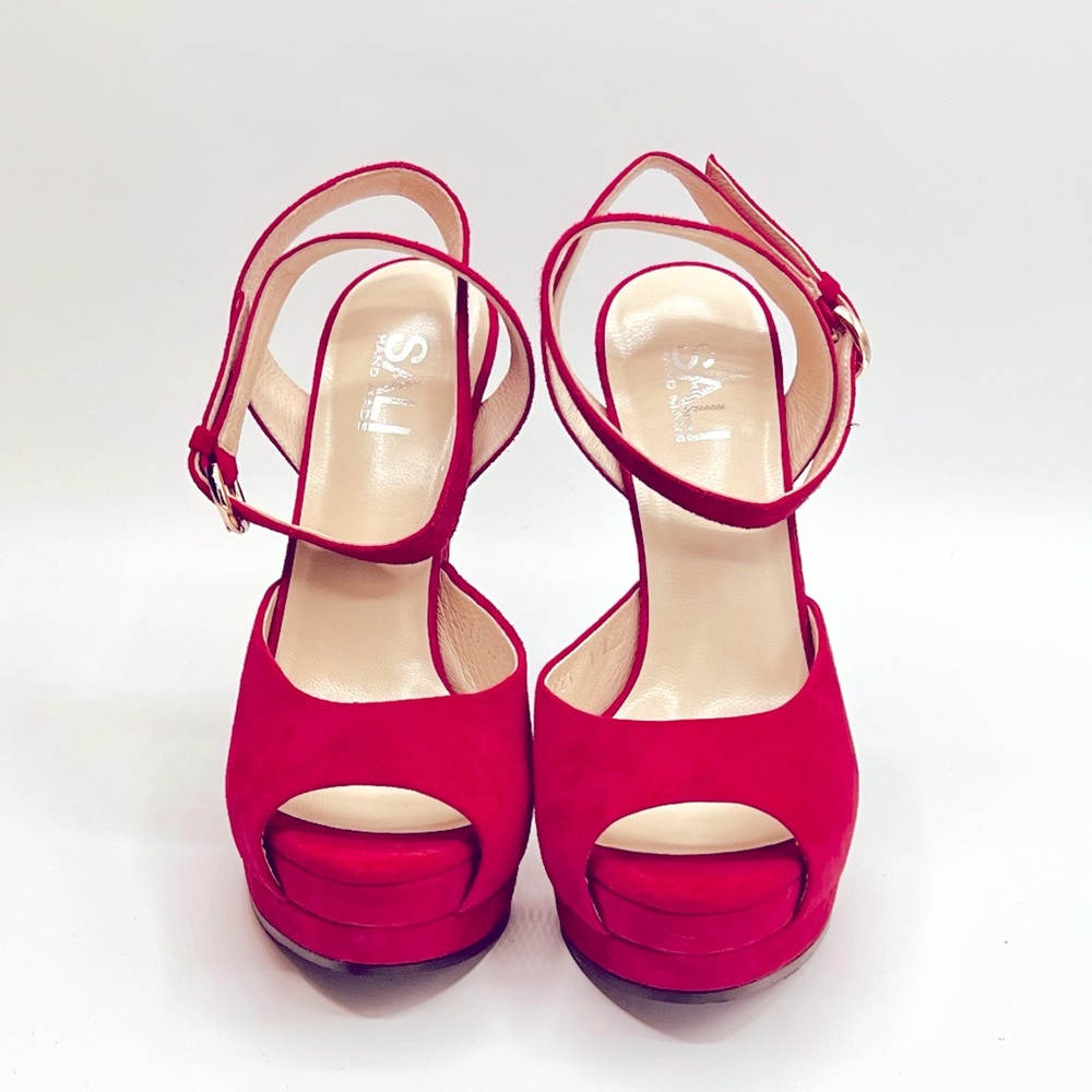 SALI Hand Made Pink Suede 5” Peeptoe 1.5” Platform Pumps Never Worn Size 37 - Picture 3 of 7